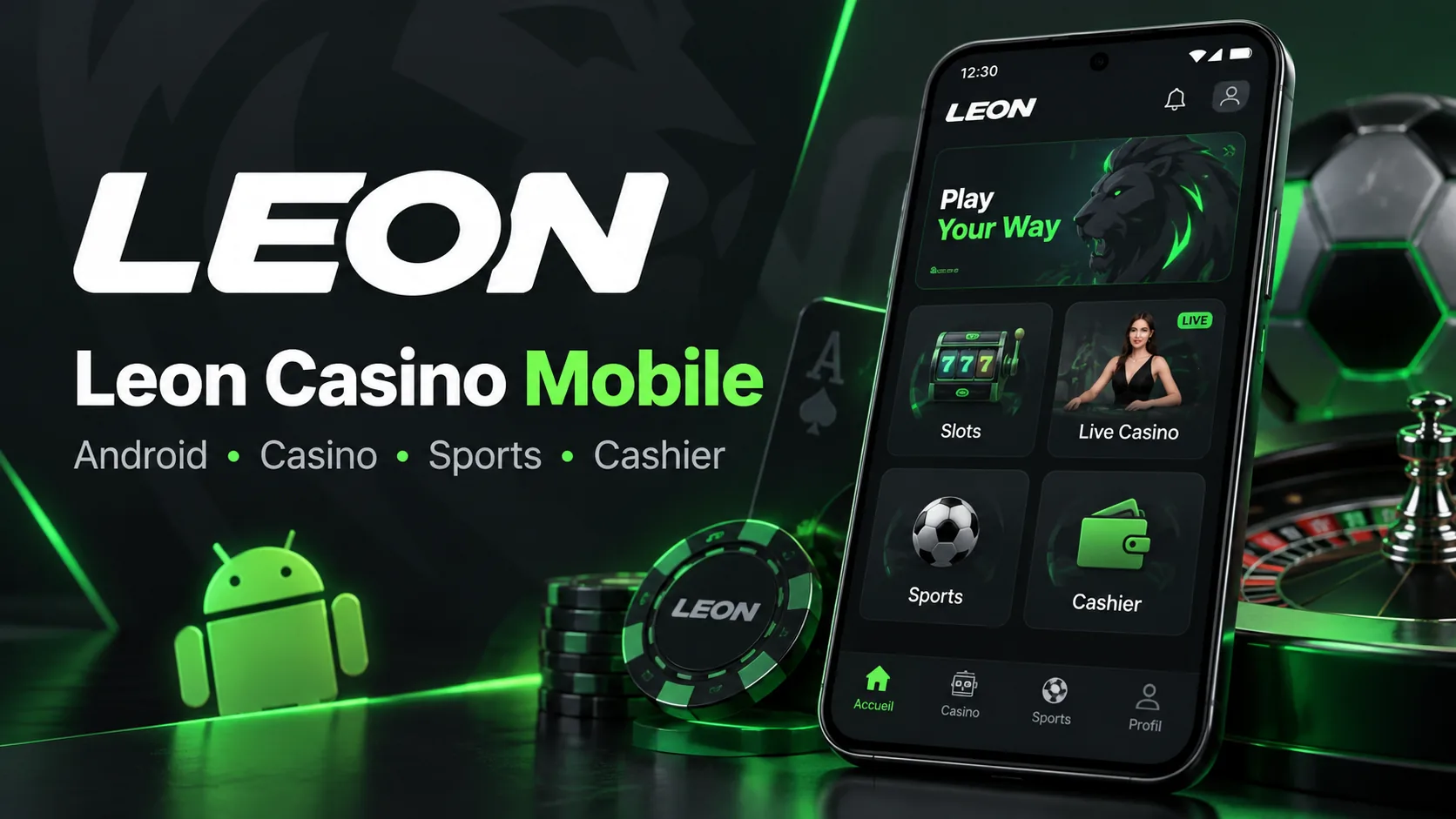 Application mobile Leon Casino sur Android, avec casino, sports et caisse